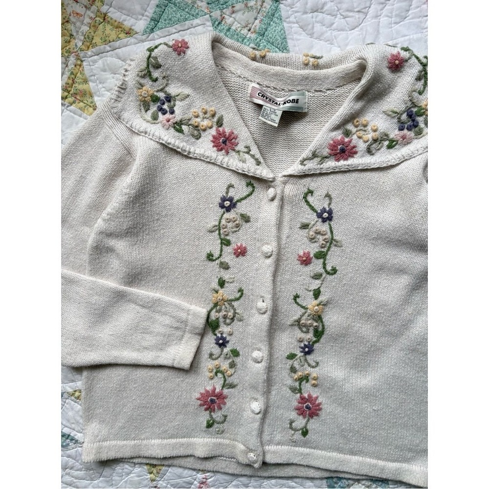 Vintage 90s Floral Embroidered Shawl Neck Cardigan Sweater Large Cottagecore